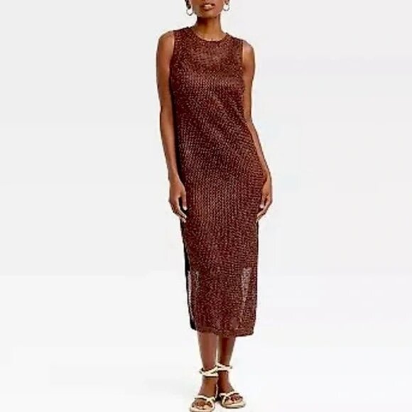 a new day Metallic Open Knit Midi Dress XL Sleeveless Sheer Brown Gold - Picture 1 of 14